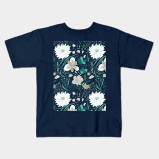 Floral garden with bird navy blue, green and neutral Kids T-Shirt